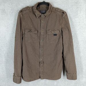 AllSaints Spitalfields Men XL Brown Linen Cadet Shirt Military Style Long Sleeve